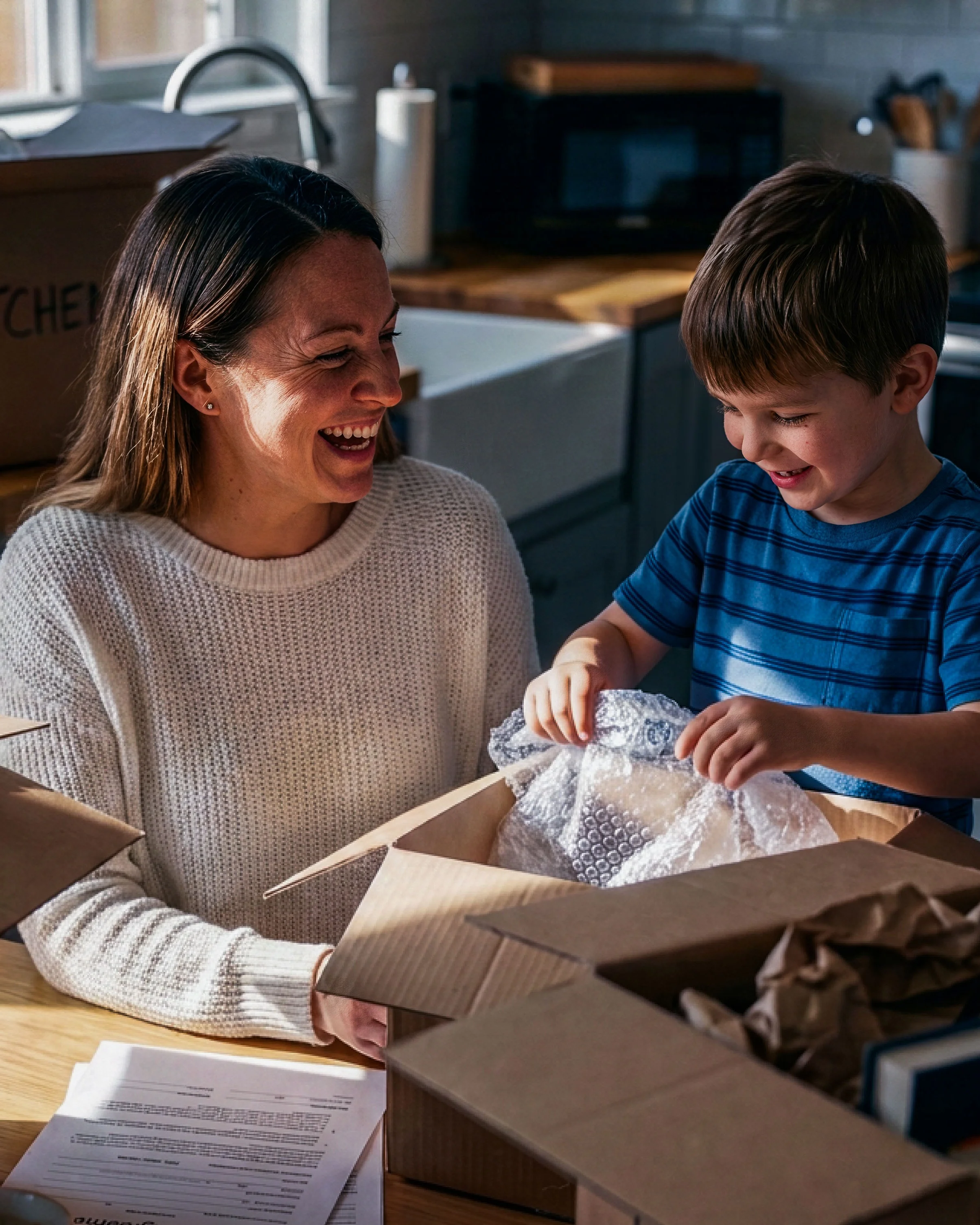 Mutter und Kind packen gemeinsam einen Umzugskarton aus